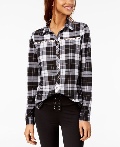 Polly Esther Juniors Lattice Trim Plaid Button Up Shirt
